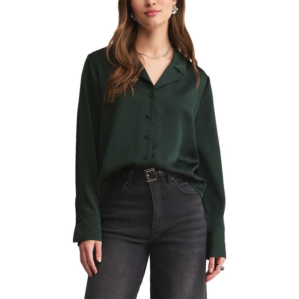Z Supply Ana Satin Button Front Top Garland Green Long Sleeve Blouse Size XS